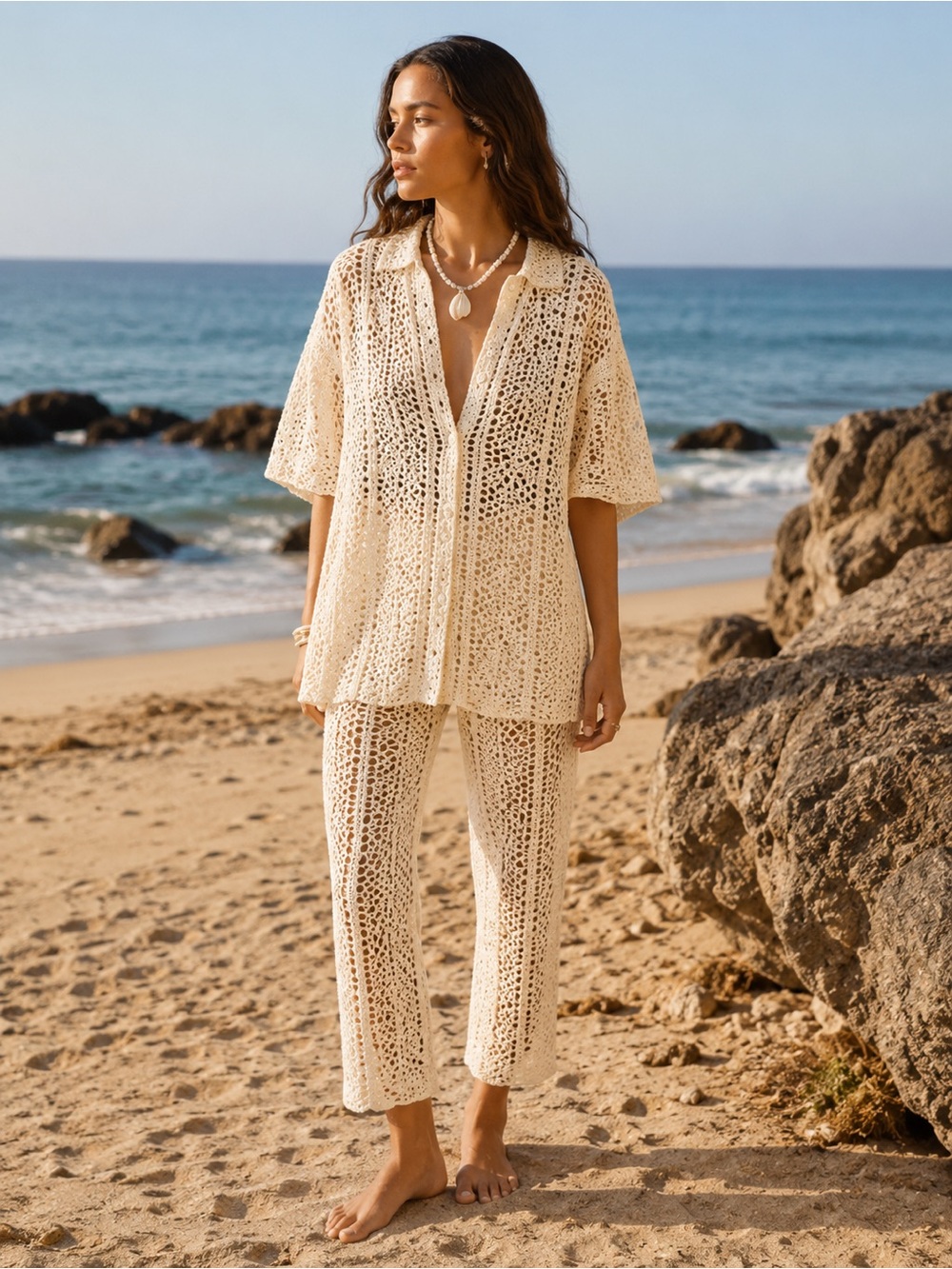 Maurie + Eve Love and Stars Cream Crochet Knit Set
